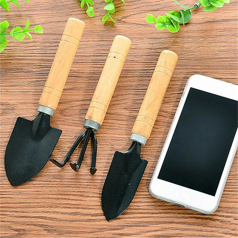 Multifuncional Mini Jardinagem Tool Set, Potting Tools, Cabo de madeira, Pá, Ancinho, Casa, Planta, Bonsai, 3 Pcs Horta Jardina