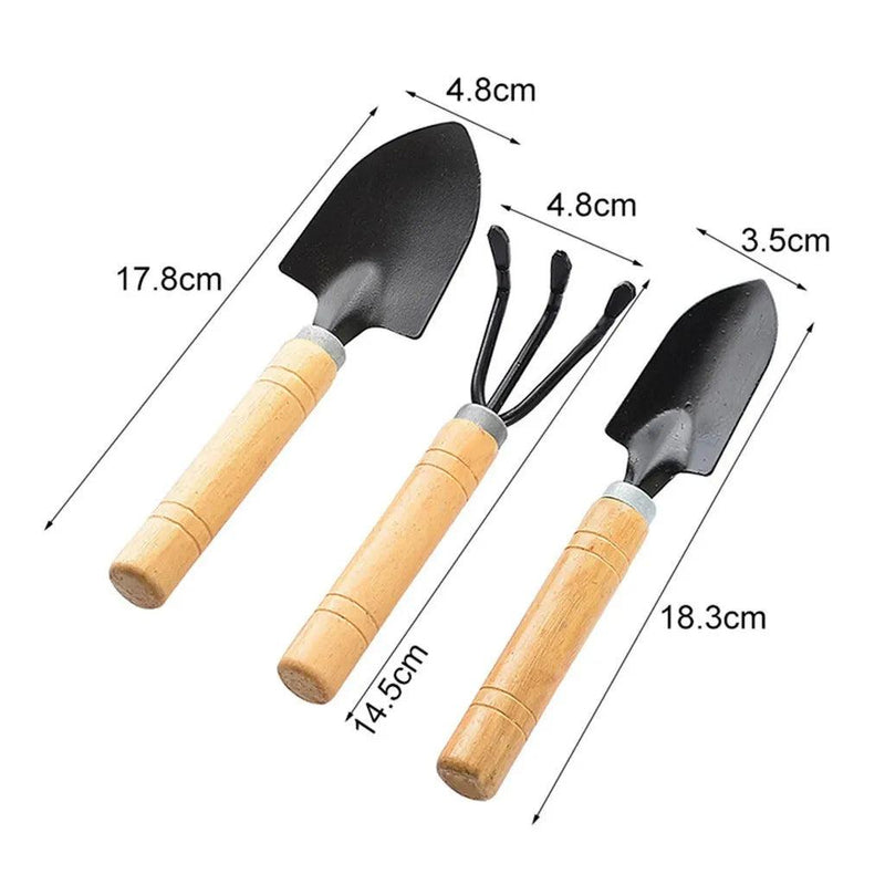 Multifuncional Mini Jardinagem Tool Set, Potting Tools, Cabo de madeira, Pá, Ancinho, Casa, Planta, Bonsai, 3 Pcs Horta Jardina