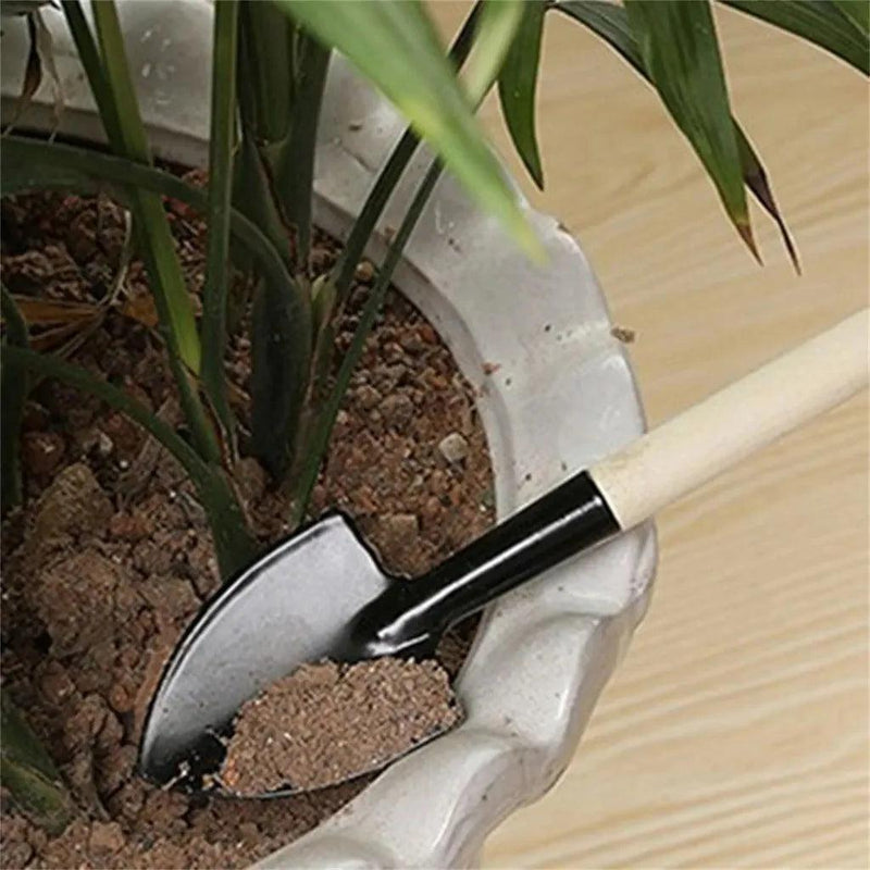 Multifuncional Mini Jardinagem Tool Set, Potting Tools, Cabo de madeira, Pá, Ancinho, Casa, Planta, Bonsai, 3 Pcs Horta Jardina